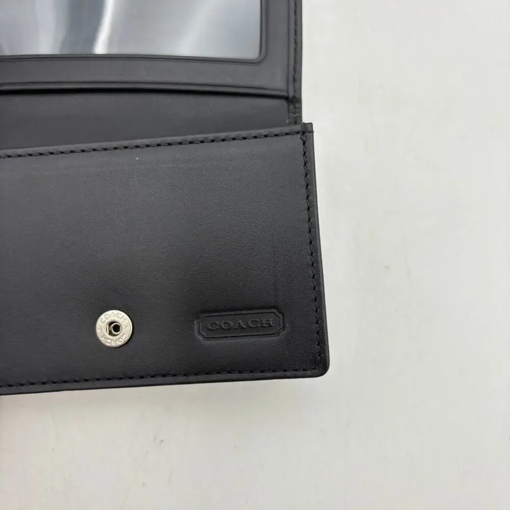 Coach Signature Jacquard Bifold Card Case Wallet Black Leather Compact